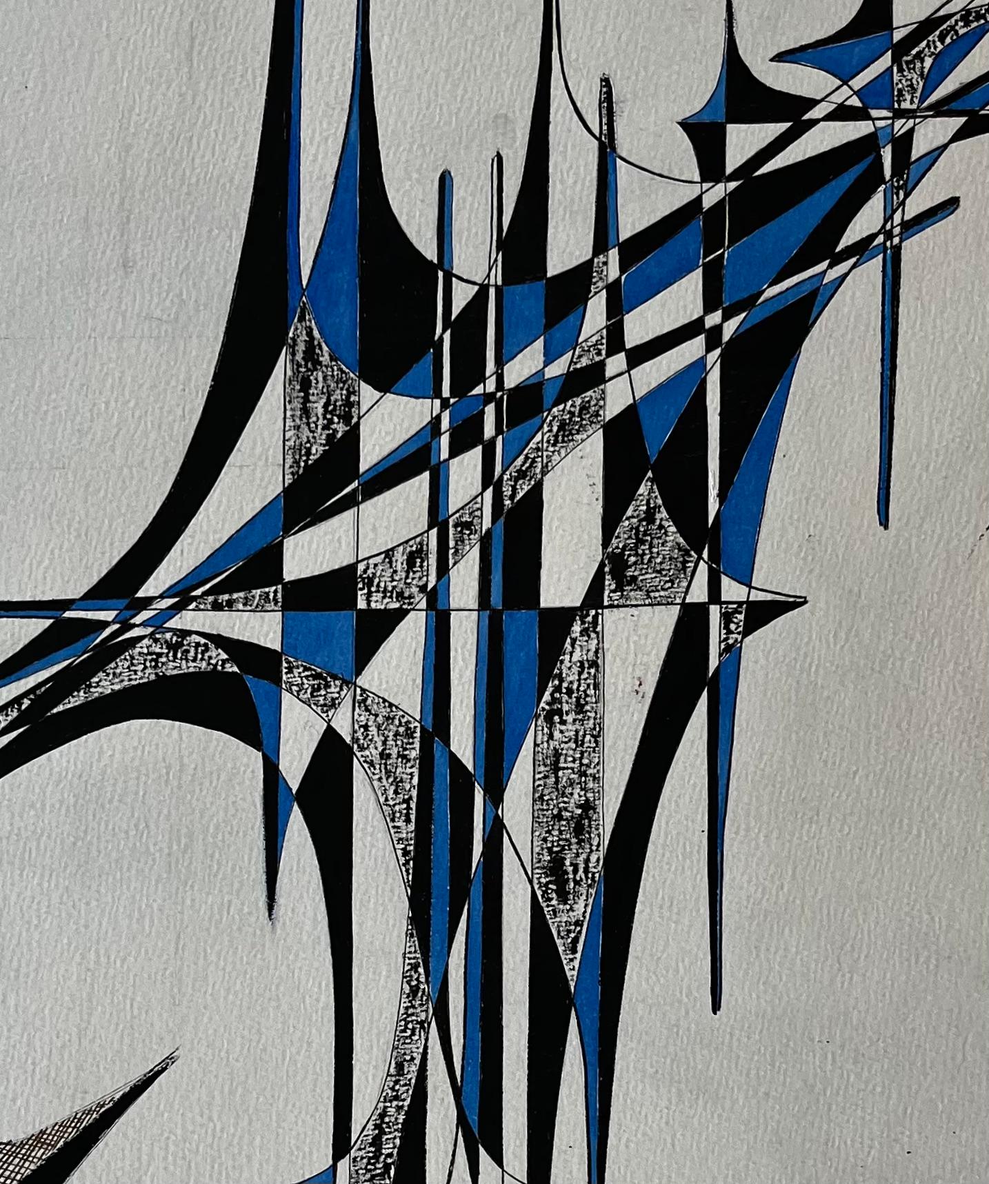 Mid Century French Geometric Abstract in Blau und Schwarz Tinte auf Papier im Angebot 2