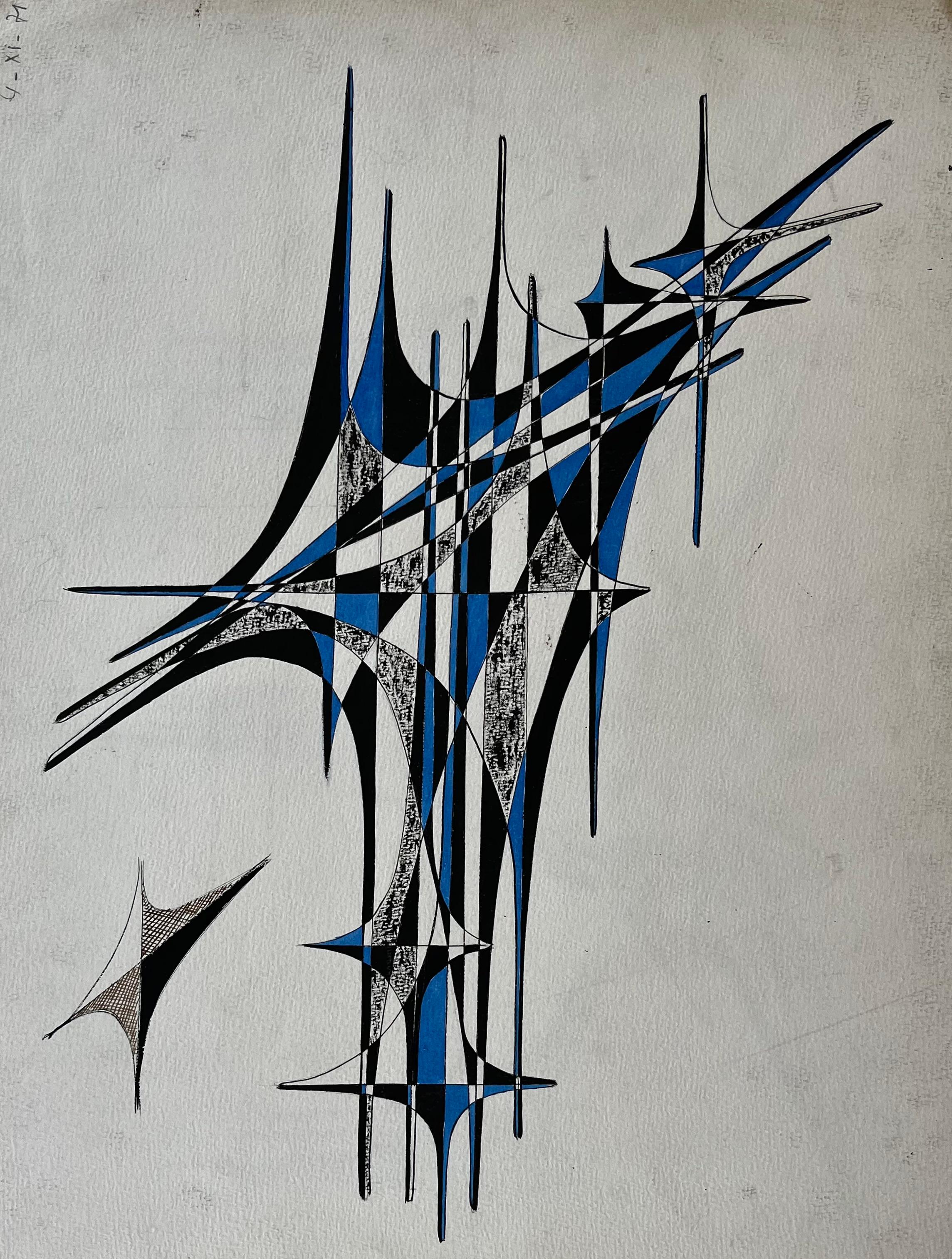 Serge Guerin (1916) Abstract Painting – Mid Century French Geometric Abstract in Blau und Schwarz Tinte auf Papier