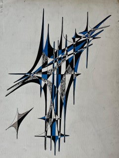 Mid Century French Geometric Abstract in Blue and Black Ink on Paper