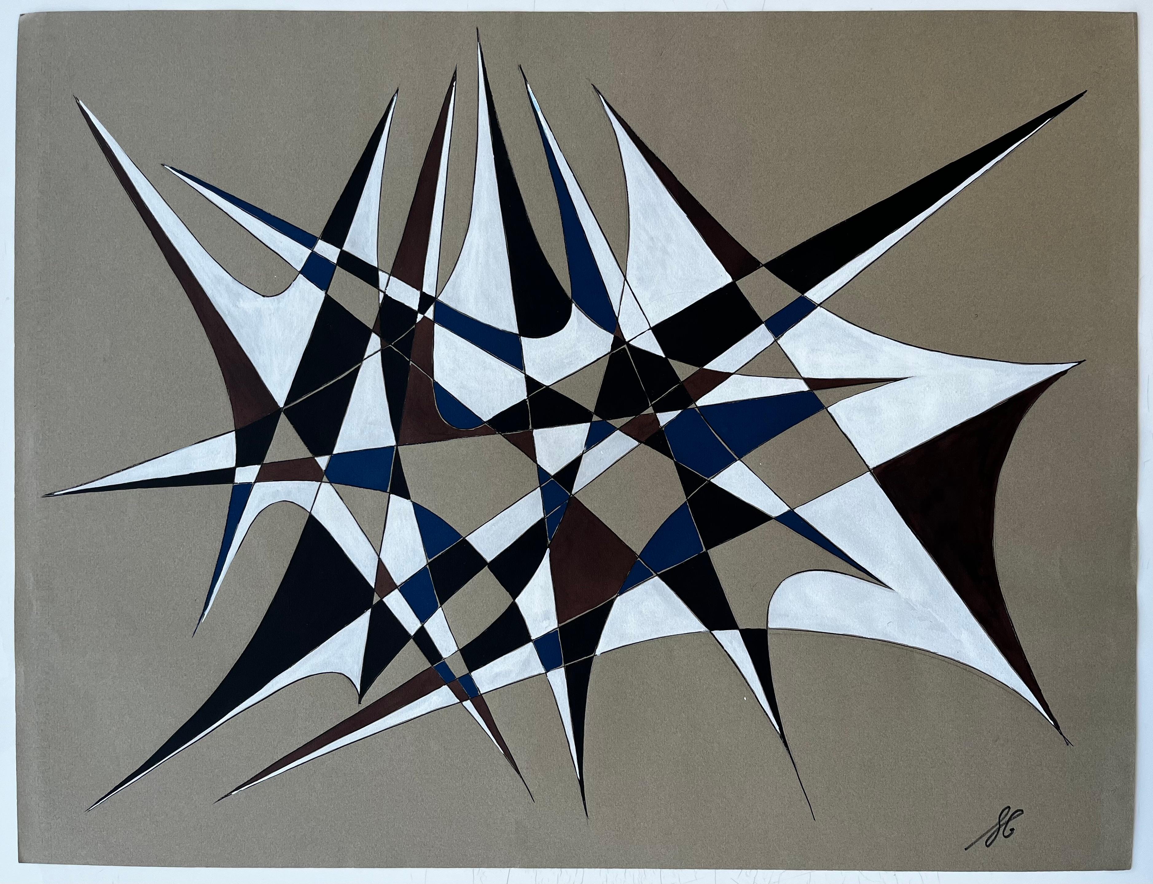 Mid Century French Geometric Abstract in Blau Braun und Weiß Signiert (Geometrische Abstraktion), Art, von Serge Guerin (1916)