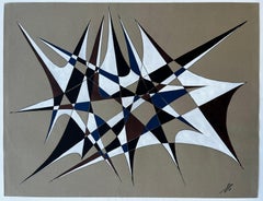 Astratto geometrico di metà secolo francese in blu, marrone e bianco firmato