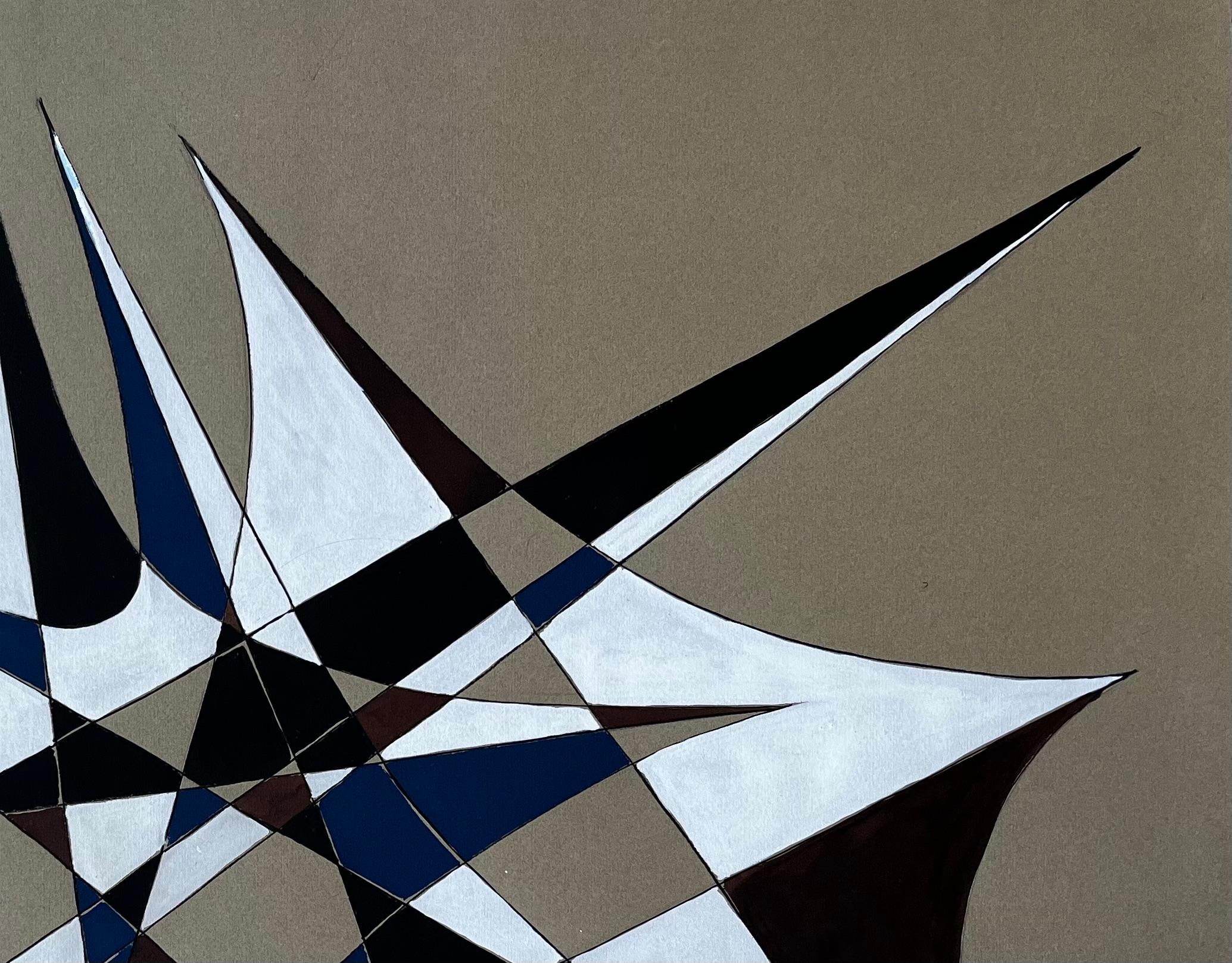 Mid Century French Geometric Abstract in Blau Braun und Weiß Signiert im Angebot 1