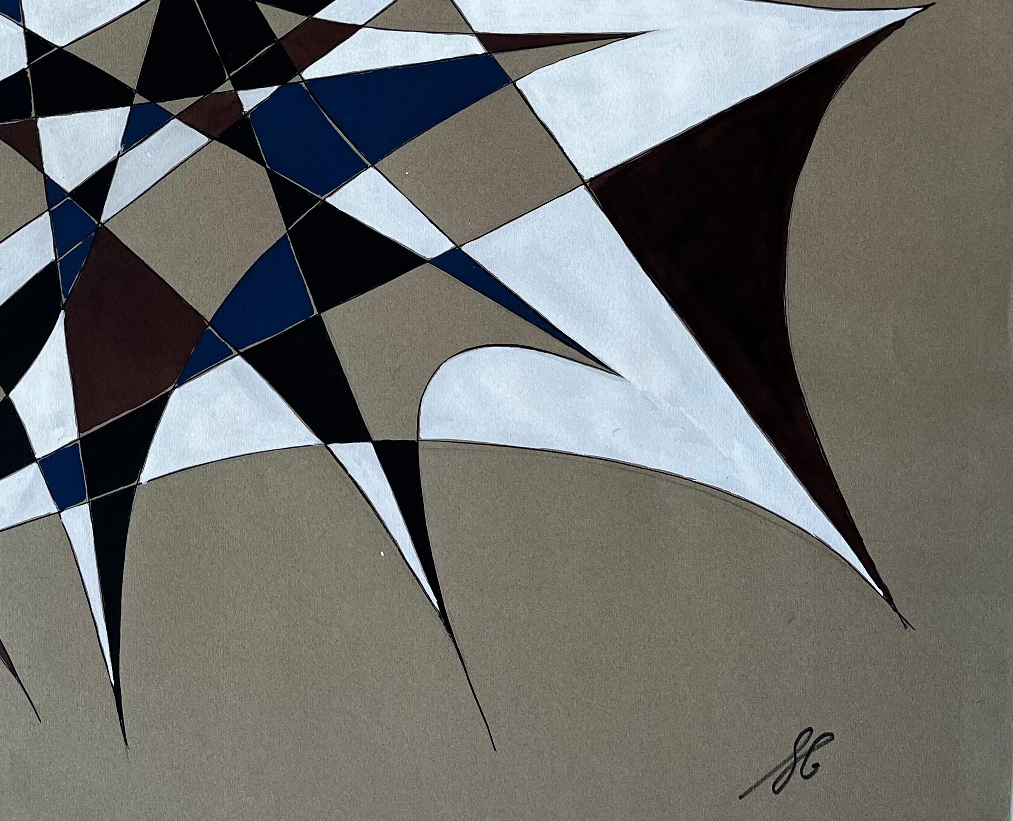 Mid Century French Geometric Abstract in Blau Braun und Weiß Signiert im Angebot 2