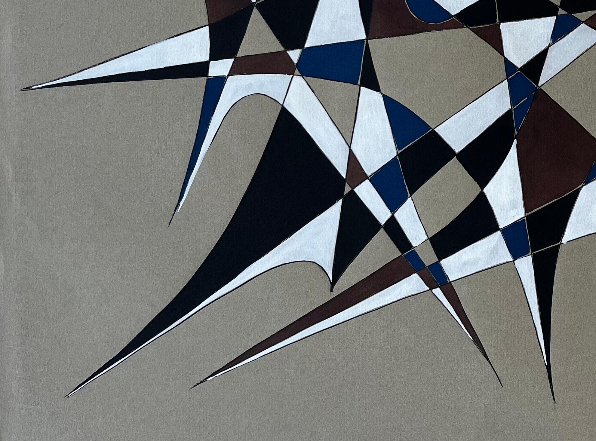 Mid Century French Geometric Abstract in Blau Braun und Weiß Signiert im Angebot 3