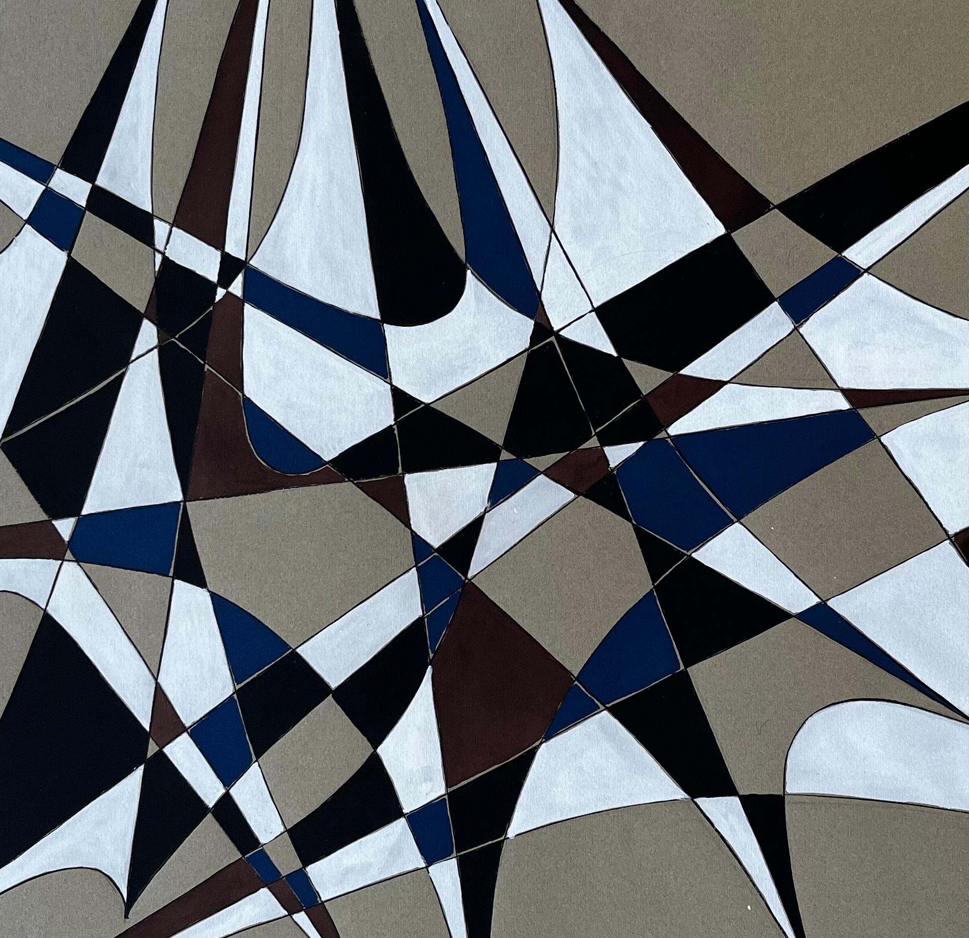 Mid Century French Geometric Abstract in Blau Braun und Weiß Signiert im Angebot 4