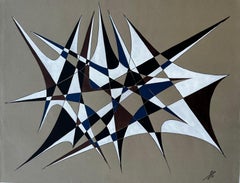 Mid Century French Geometric Abstract in Blue Brown and White Signed
