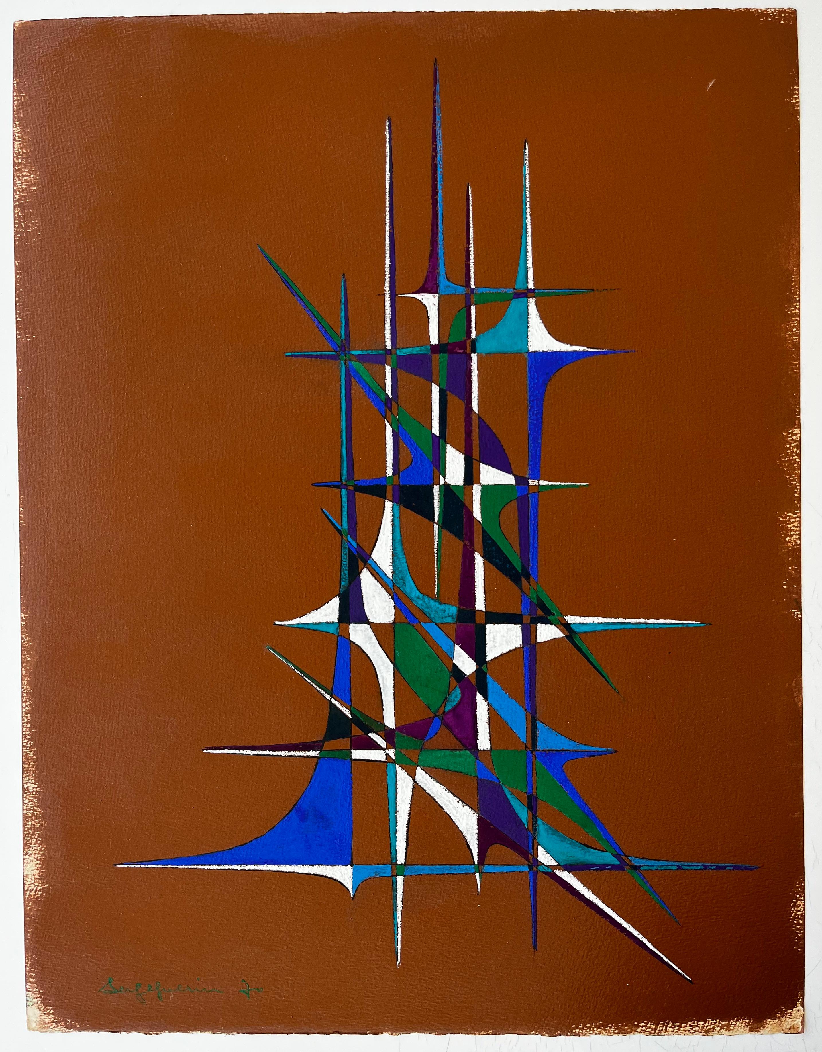 Mid Century French Geometric Abstract in Blau Grün Lila und Weiß (Geometrische Abstraktion), Art, von Serge Guerin (1916)