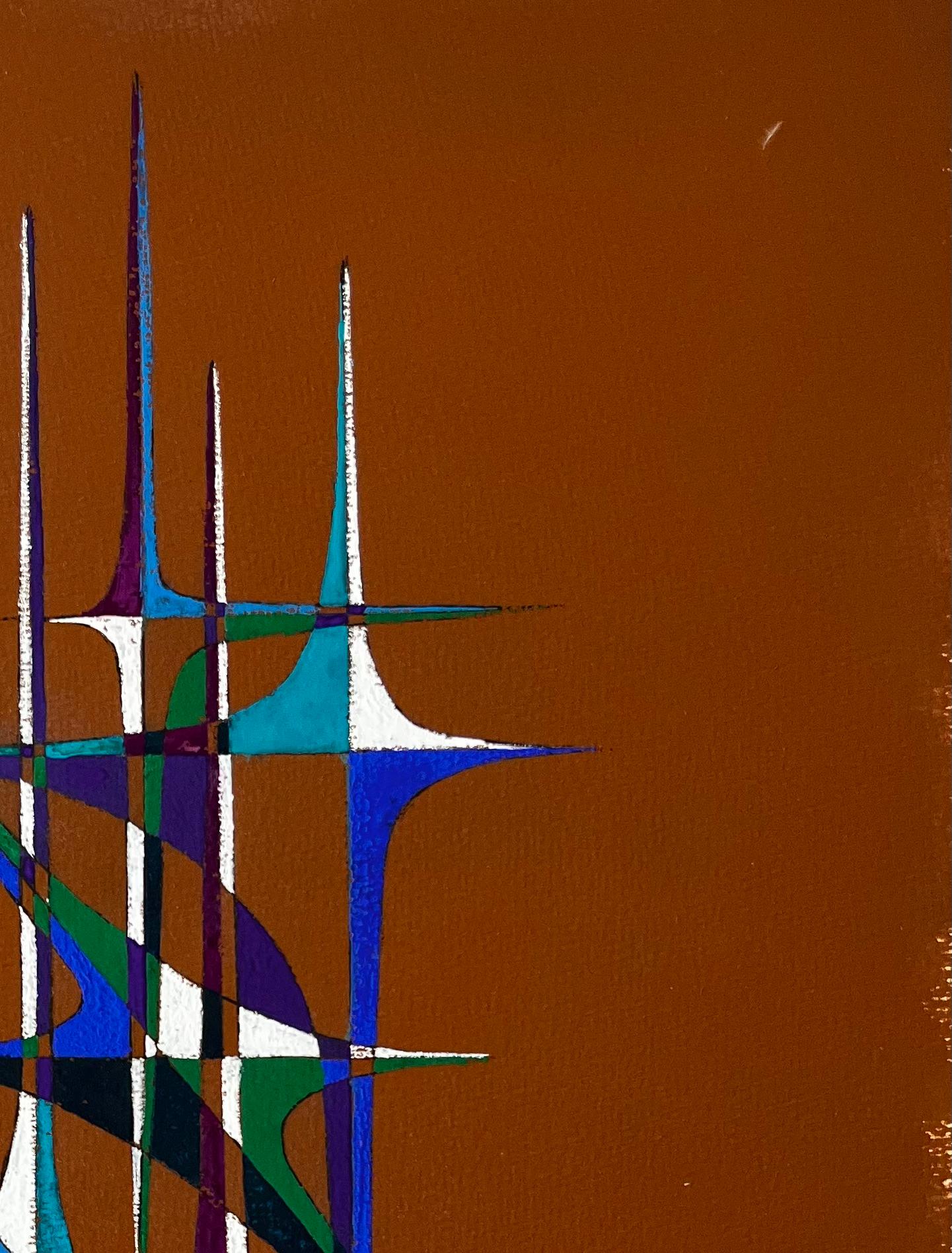 Titel: Französische geometrische Abstraktion der Jahrhundertmitte in Blau, Grün, Lila und Weiß 
von Serge Guerin (geb. 1916), Franzose
Signiert unten links
Acryl und Gouache auf Papier, ungerahmt
Größe: 25,75 (Höhe) x 19,75 (Breite) Zoll
Provenienz: