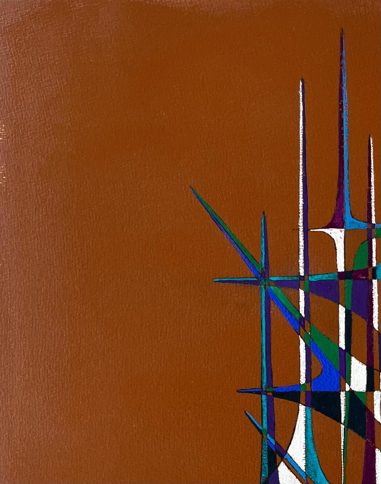 Mid Century French Geometric Abstract in Blau Grün Lila und Weiß im Angebot 1