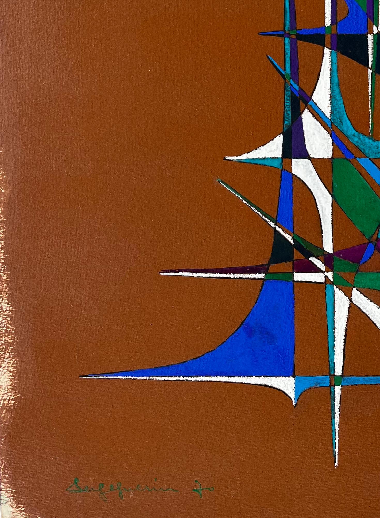 Mid Century French Geometric Abstract in Blau Grün Lila und Weiß im Angebot 3