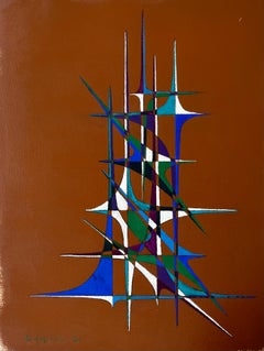 Mid Century French Geometric Abstract in Blue Green Purple and White