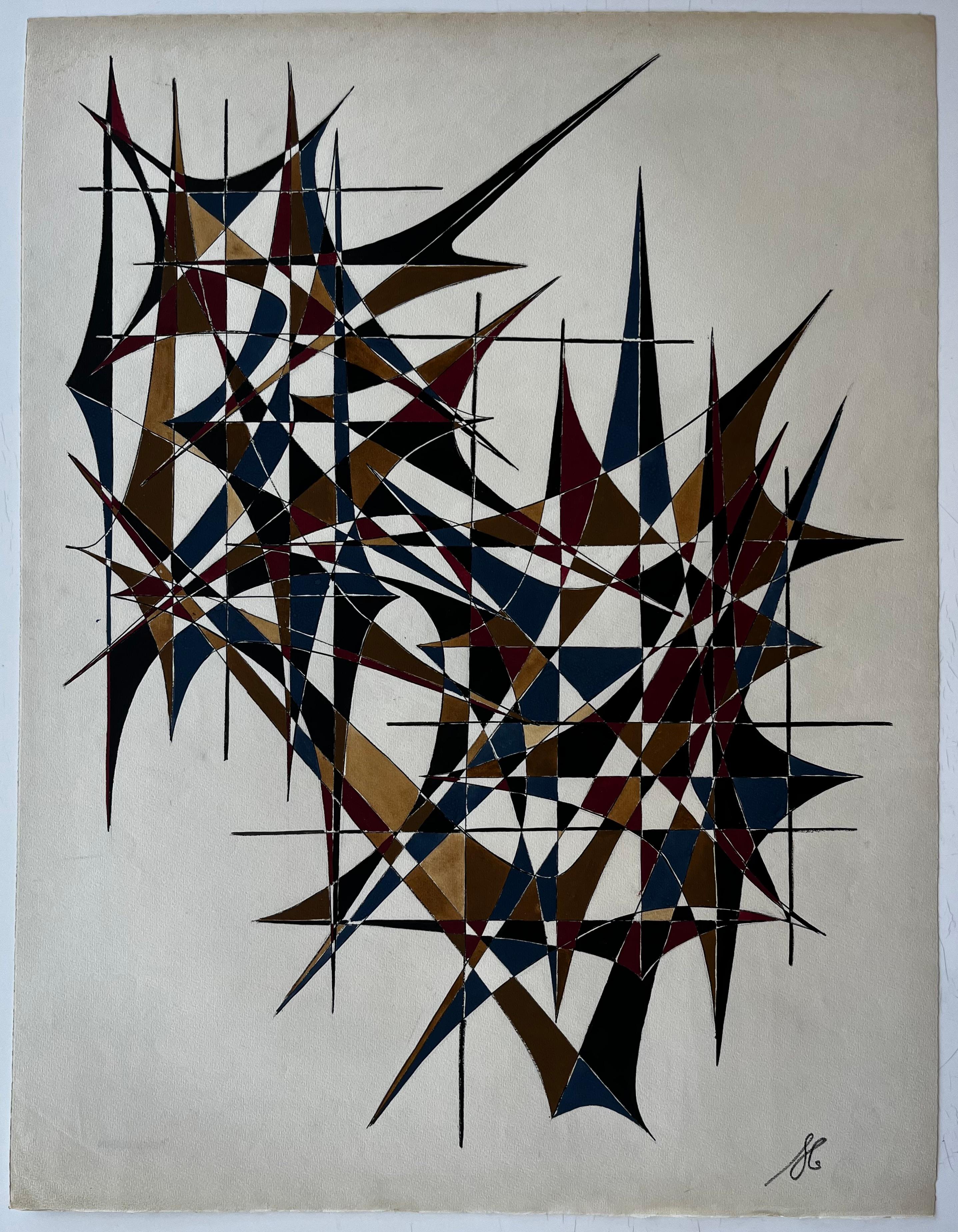 Mid Century French Geometric Abstract in Gold Blue and Red Signed Dated 1969 (Geometrische Abstraktion), Art, von Serge Guerin (1916)