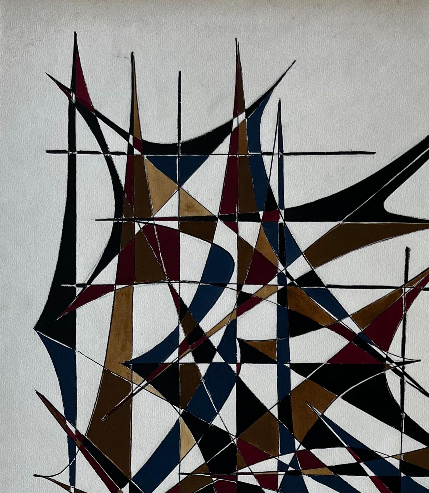 Title: Mid Century French Geometric Abstract in Gold Blue and Red Signed Dated 1969
by Serge Guerin (b. 1916), French
Signed lower right “SG”; inscribed and dated verso “1.12.69”
Acrylic and gouache on artists paper, unframed
Size: 25.5 (height) x