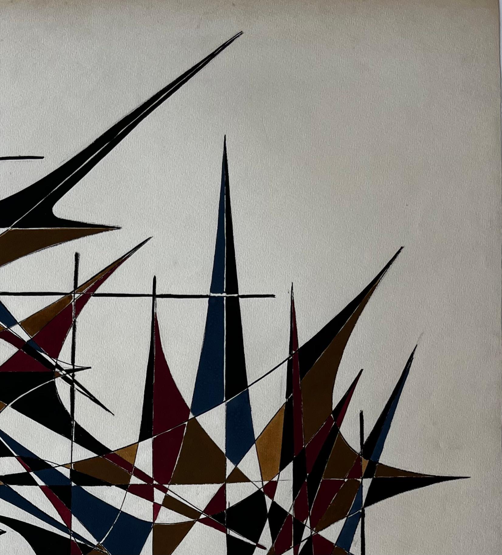 Mid Century French Geometric Abstract in Gold Blue and Red Signed Dated 1969 im Angebot 1