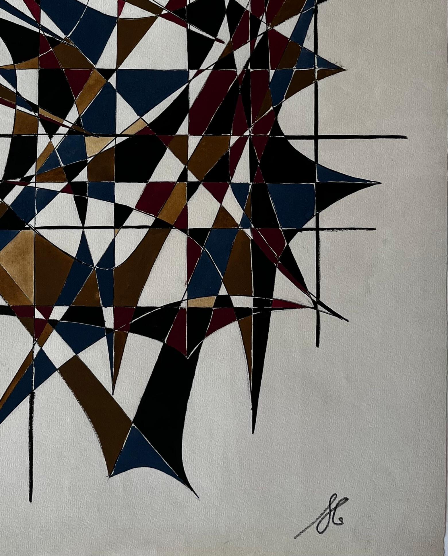 Mid Century French Geometric Abstract in Gold Blue and Red Signed Dated 1969 im Angebot 2