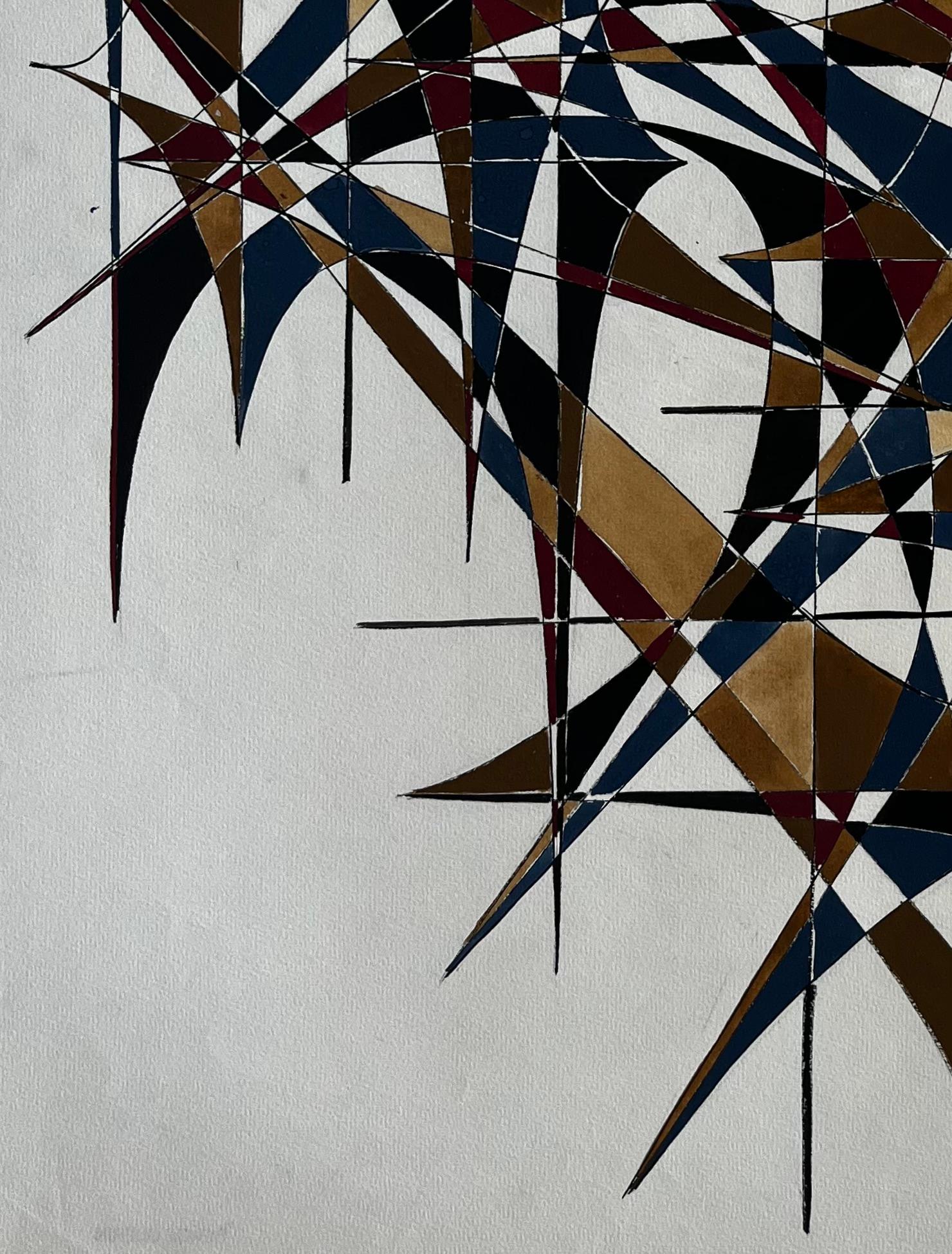 Mid Century French Geometric Abstract in Gold Blue and Red Signed Dated 1969 im Angebot 3