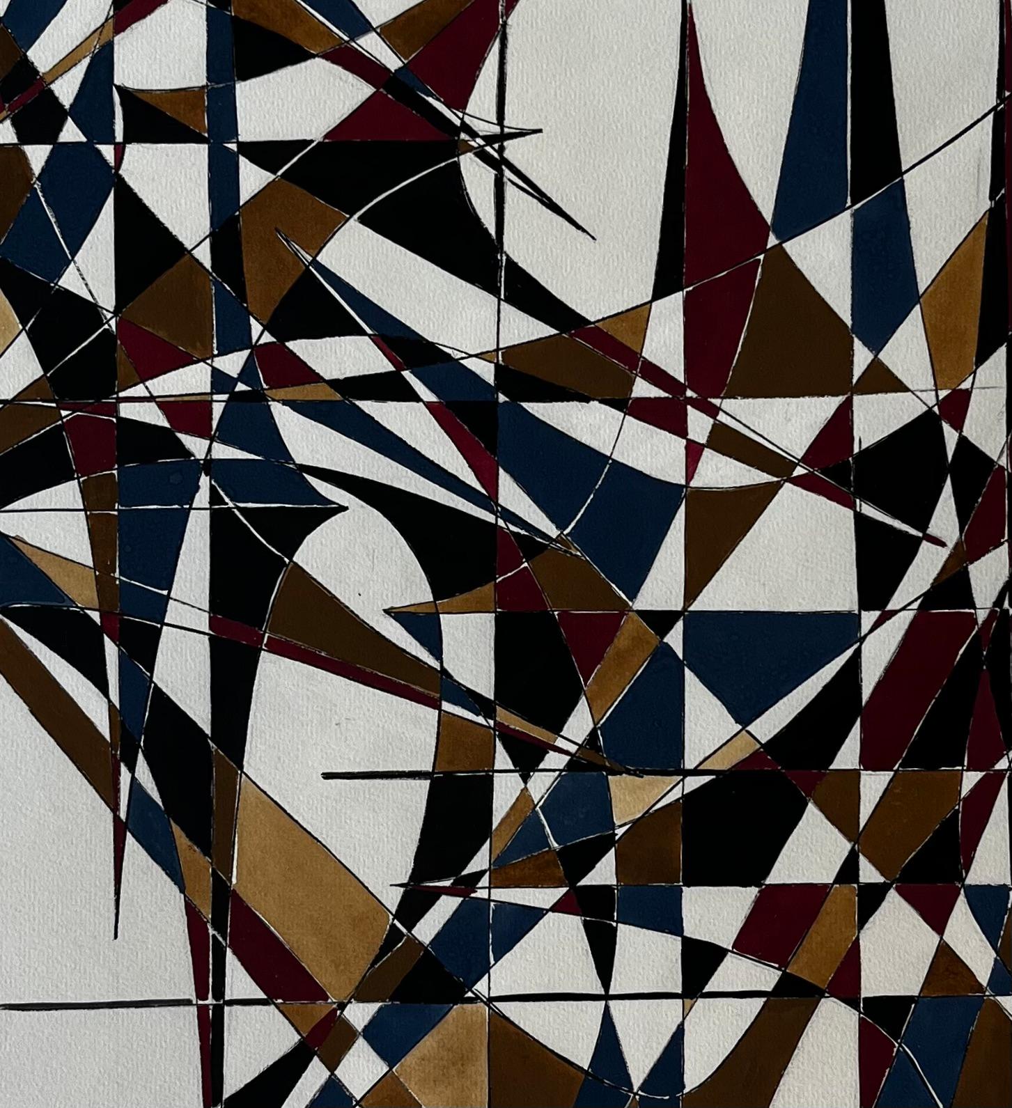 Mid Century French Geometric Abstract in Gold Blue and Red Signed Dated 1969 im Angebot 4