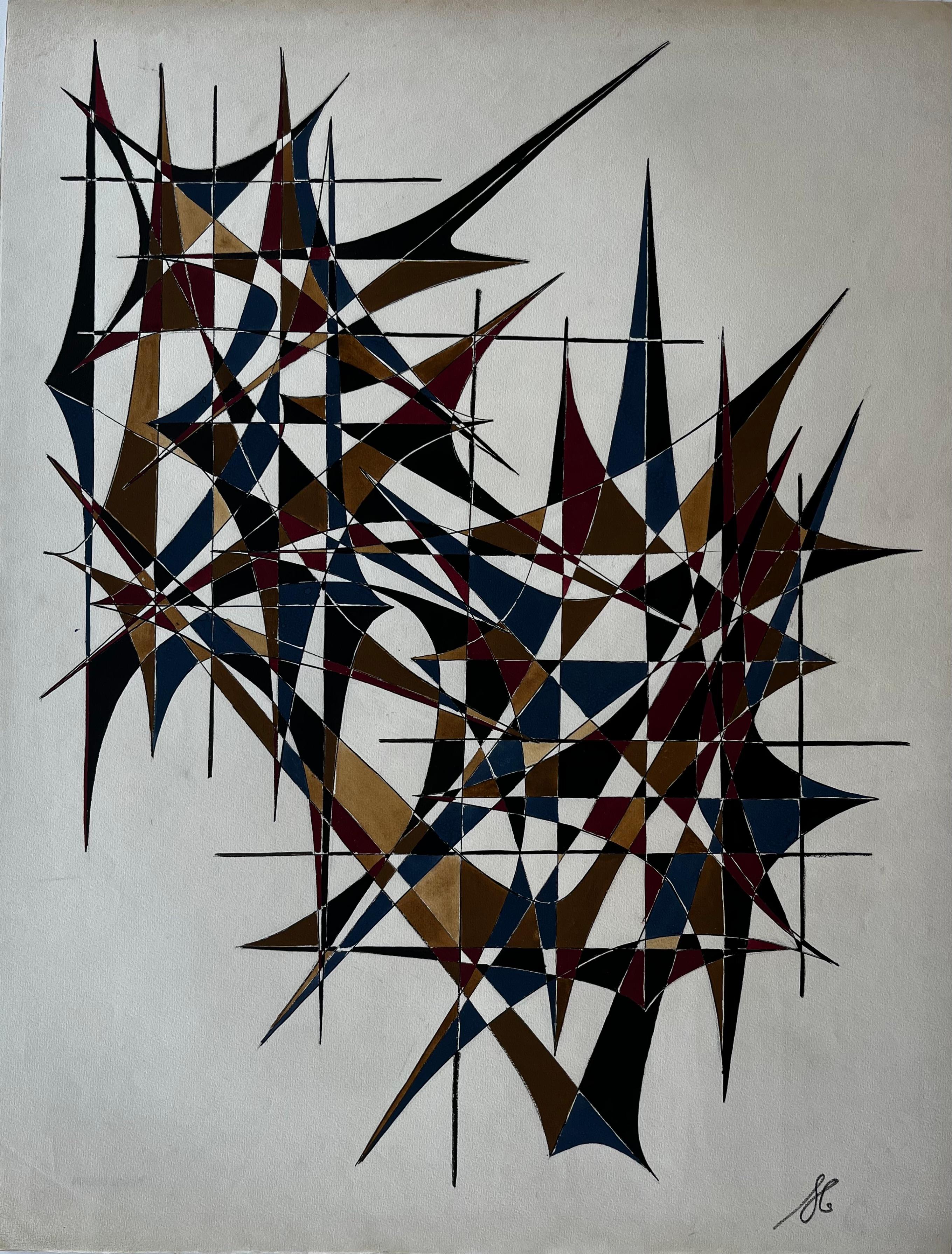 Mid Century French Geometric Abstract in Gold Blue and Red Signed Dated 1969
