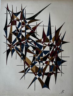 Mid Century French Geometric Abstract in Gold Blue and Red Signed Dated 1969