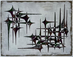 Astratto geometrico di metà secolo francese in verde, marrone e viola