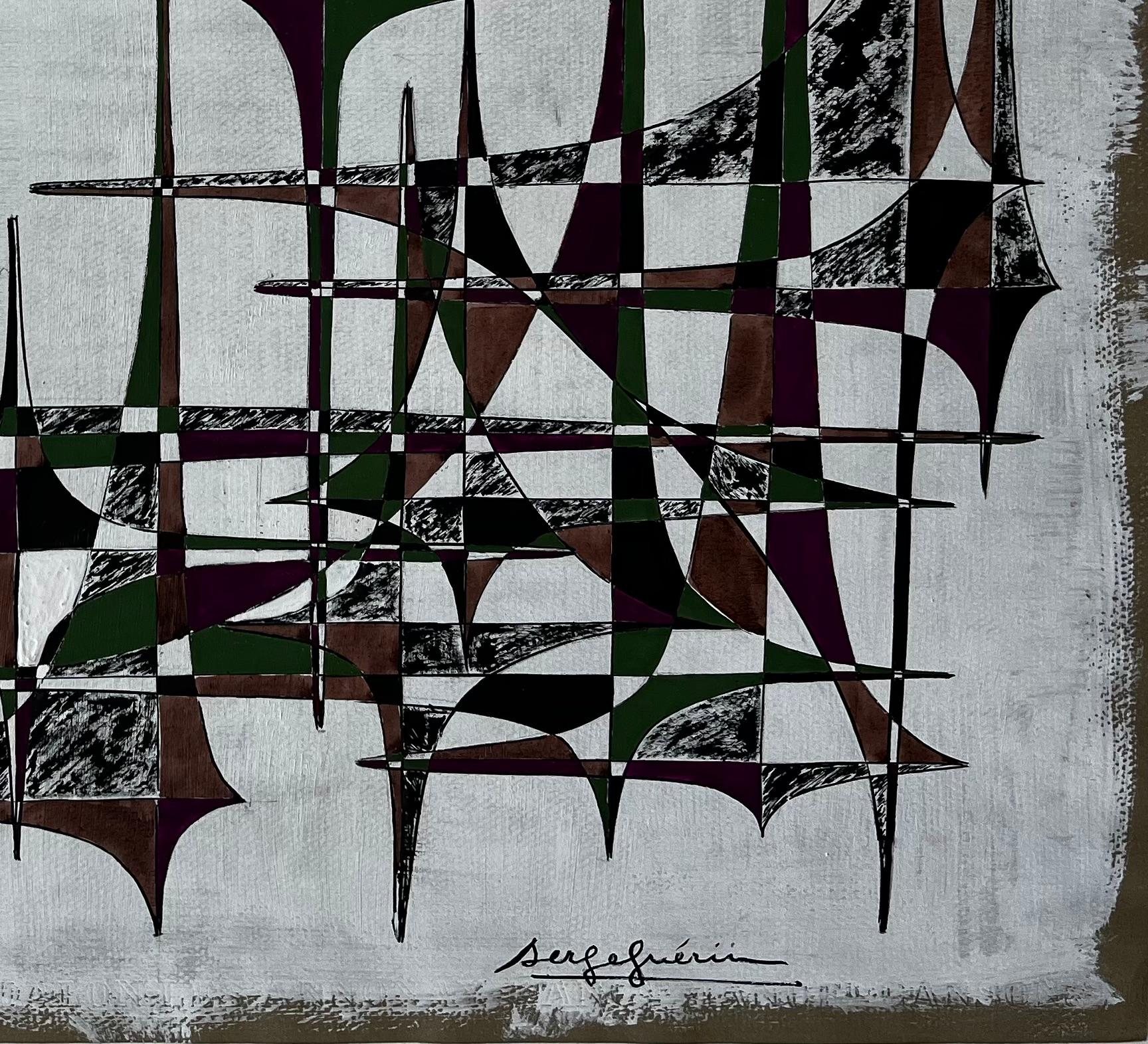 Abstrait géométrique français du milieu du siècle en vert, brun et violet - Géométrique abstrait Painting par Serge Guerin (1916)