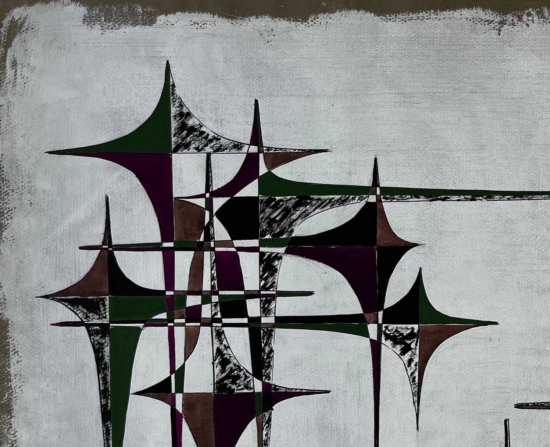 Abstrait géométrique français du milieu du siècle en vert, brun et violet - Gris Abstract Painting par Serge Guerin (1916)