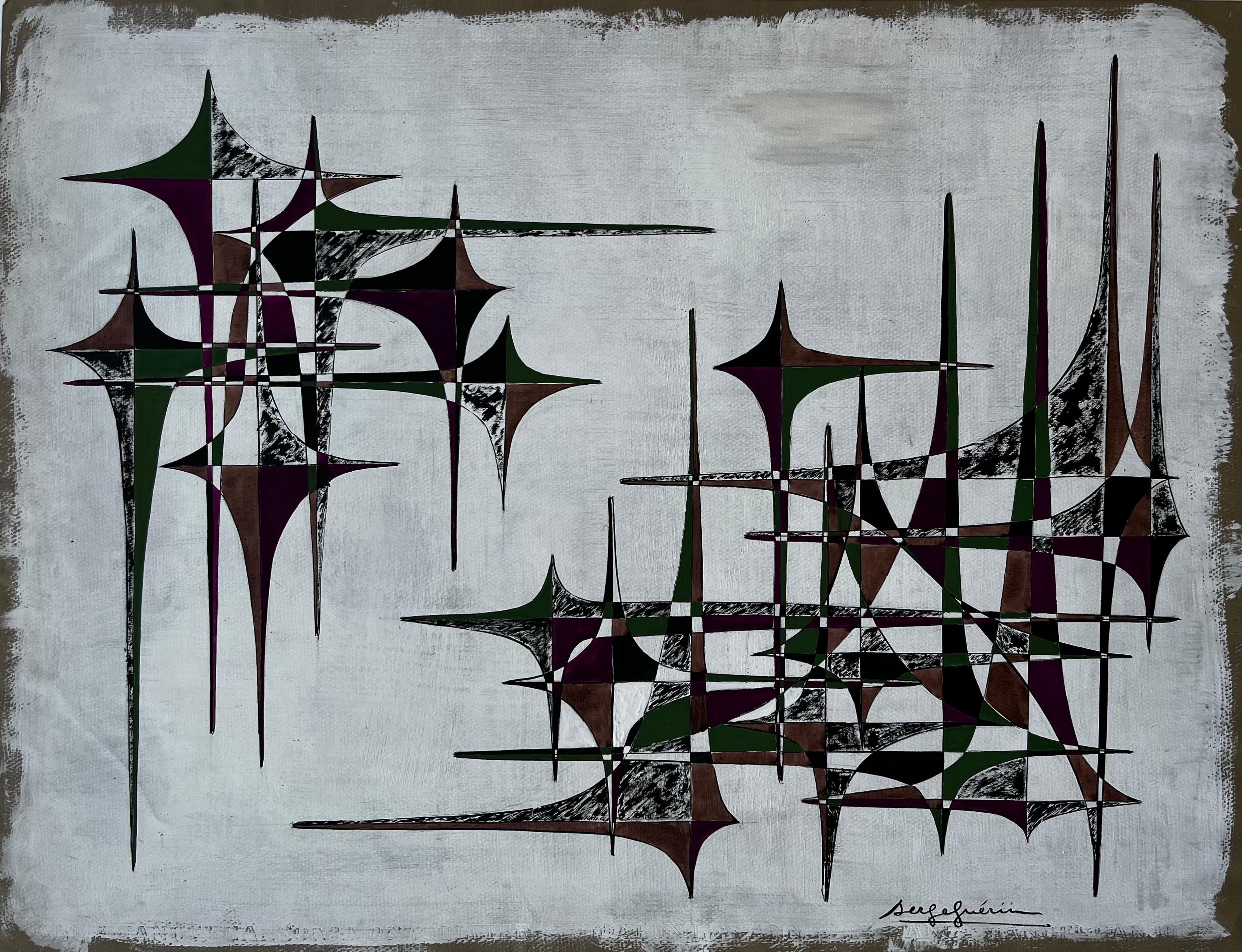 Mid Century French Geometric Abstract in Green Brown and Purple