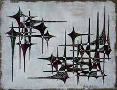 Mid Century French Geometric Abstract in Green Brown and Purple
