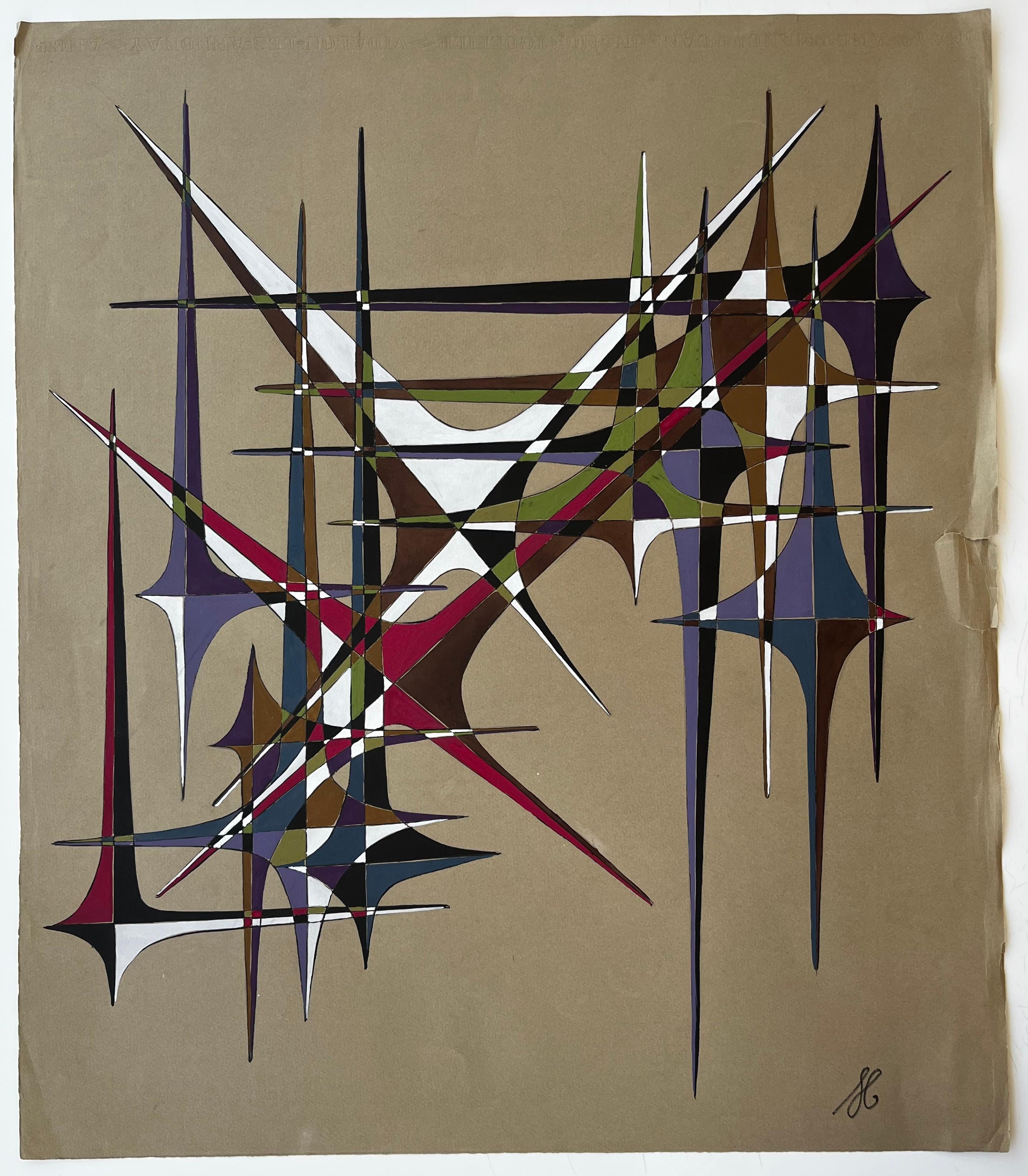 Mid Century French Geometric Abstract in Multicolour Gouache on Paper – Painting von Serge Guerin (1916)