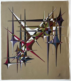 Abstrait géométrique français du milieu du siècle en gouache multicolore sur papier
