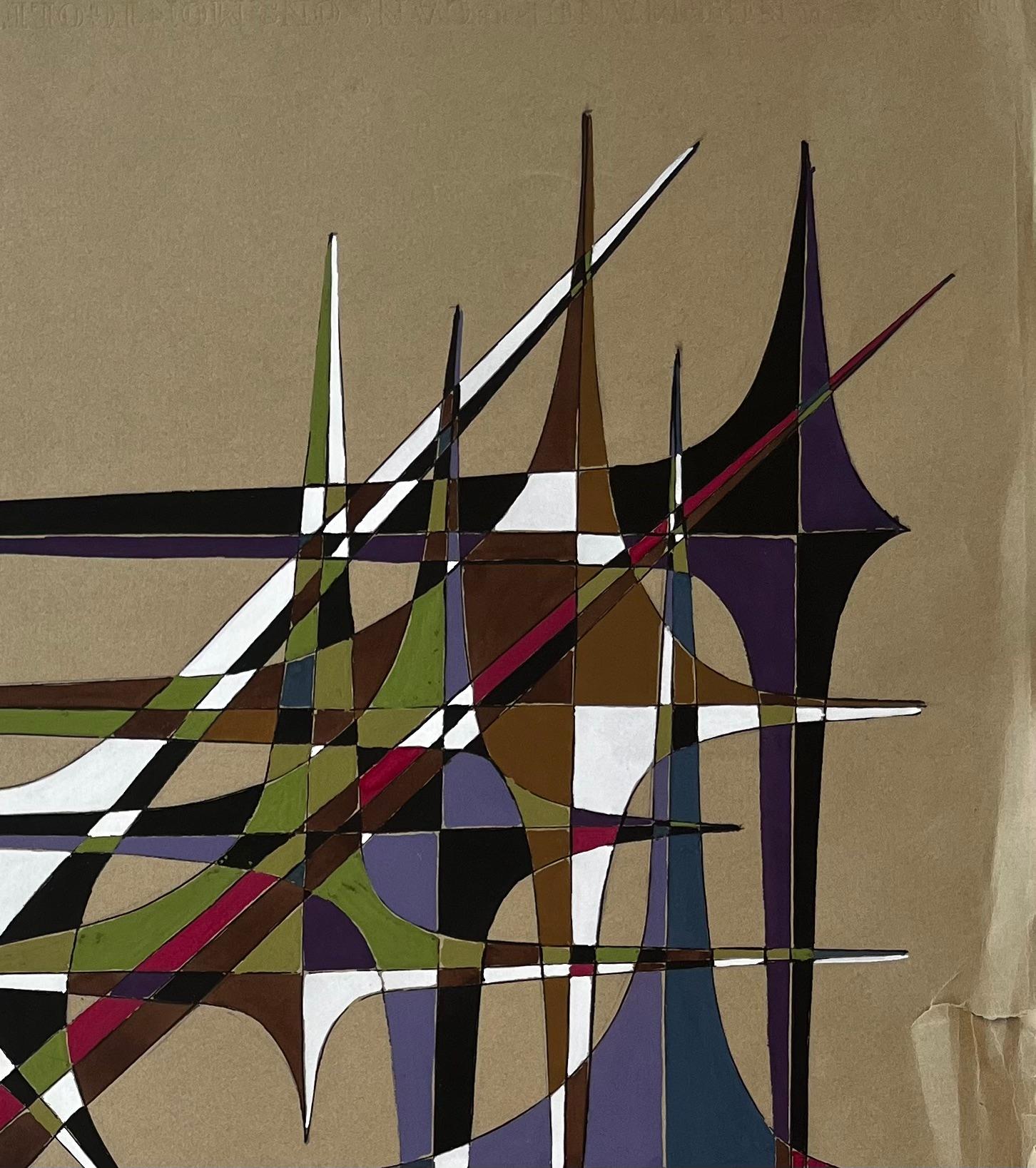 Mid Century French Geometric Abstract in Multicolour Gouache on Paper (Geometrische Abstraktion), Painting, von Serge Guerin (1916)