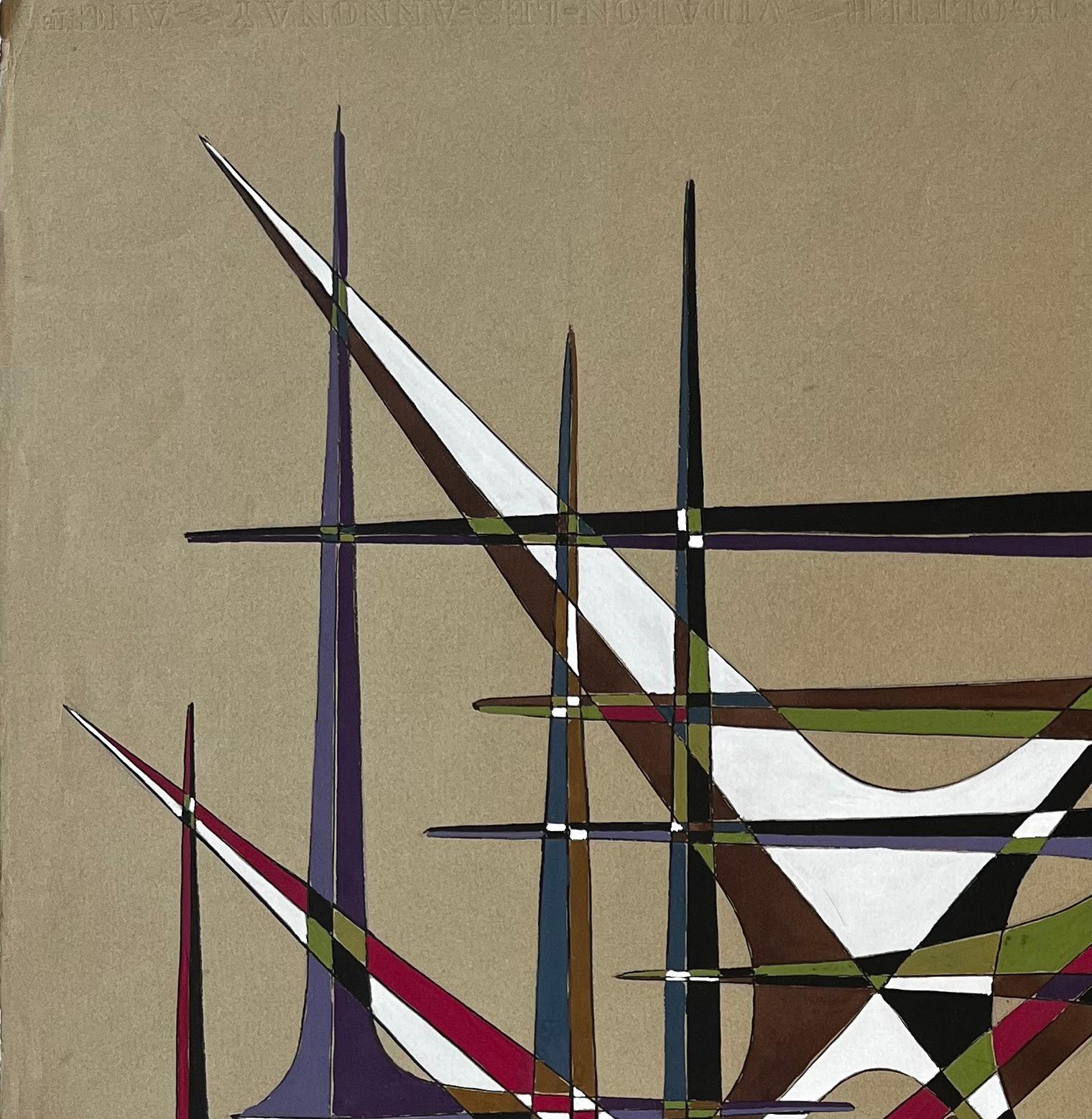 Mid Century French Geometric Abstract in Multicolour Gouache on Paper (Braun), Abstract Painting, von Serge Guerin (1916)