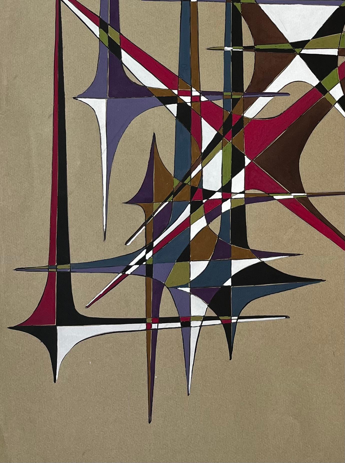 Title: Mid Century French Geometric Abstract in Multicolour Gouache on Paper
by Serge Guerin (b. 1916), French
Signed with initials bottom right and name stamped verso
Gouache and ink on paper, unframed
Size: 25.75 (height) x 22 (width)