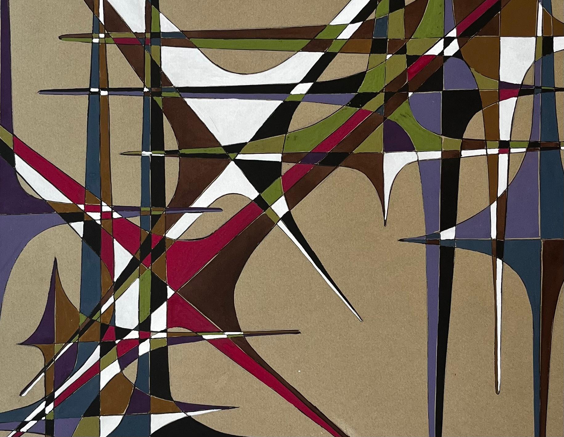 Mid Century French Geometric Abstract in Multicolour Gouache on Paper im Angebot 1