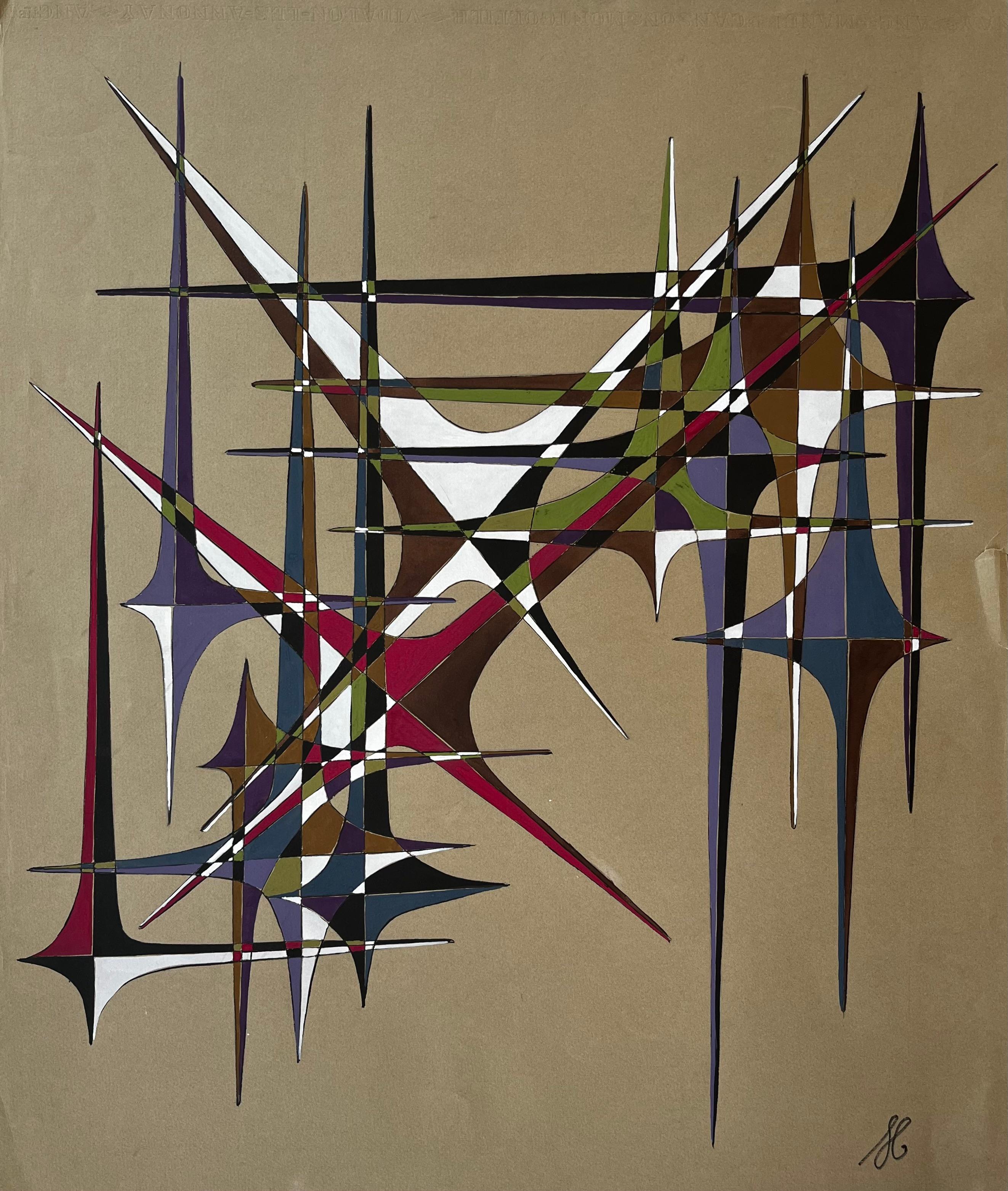 Mid Century French Geometric Abstract in Multicolour Gouache on Paper
