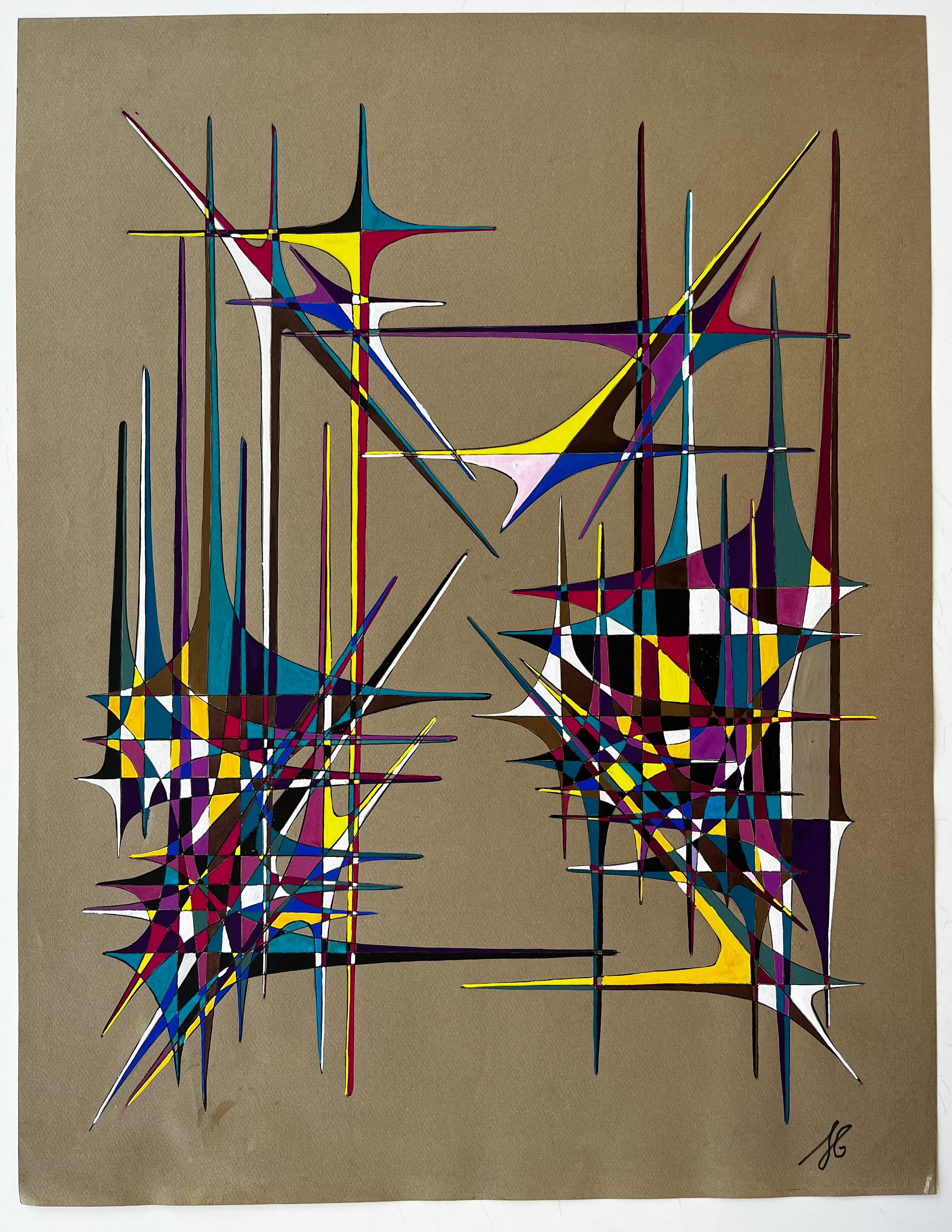 Mid Century French Geometric Abstract in Multicolour Ink and Gouache on Paper (Geometrische Abstraktion), Art, von Serge Guerin (1916)