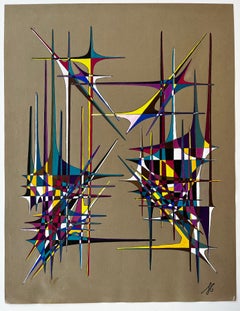 Astratto geometrico di metà secolo francese in inchiostro e guazzo multicolore su carta