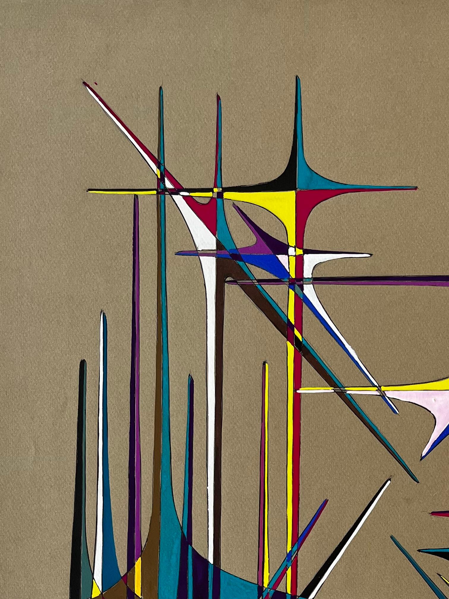 Mid Century French Geometric Abstract in Multicolour Ink and Gouache on Paper im Angebot 1