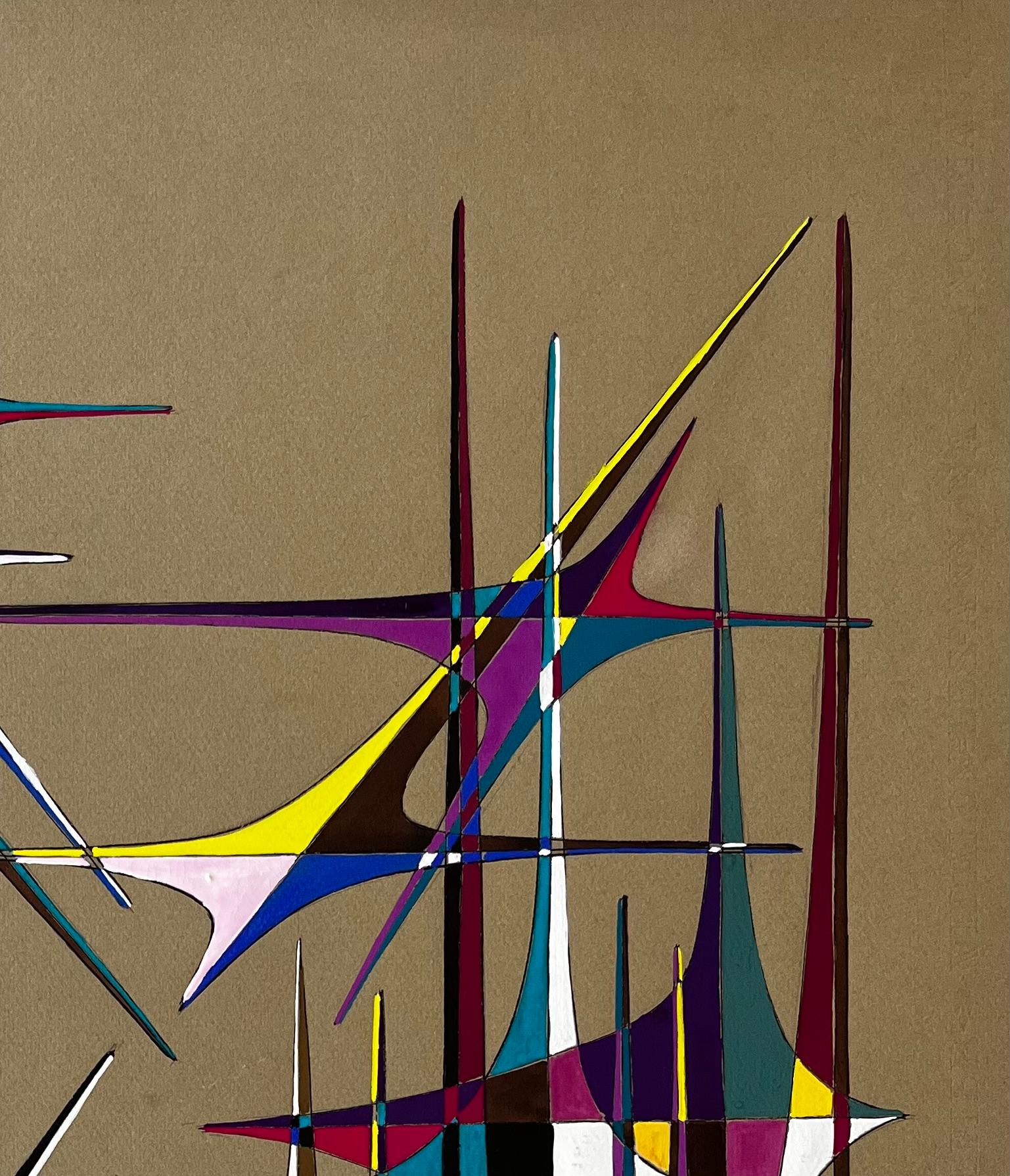 Mid Century French Geometric Abstract in Multicolour Ink and Gouache on Paper im Angebot 2