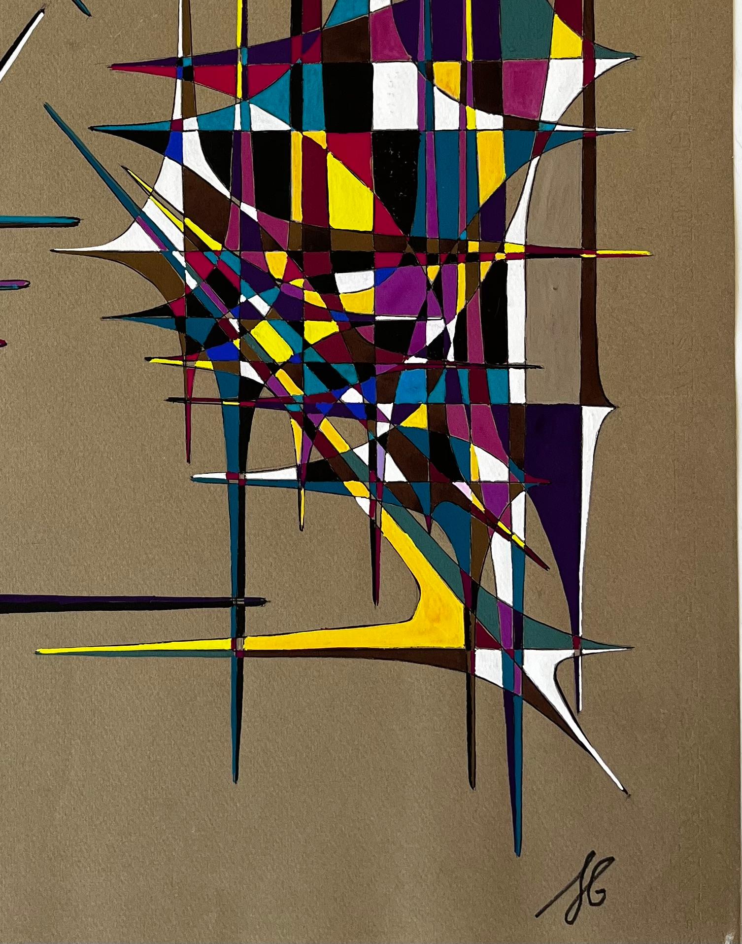 Mid Century French Geometric Abstract in Multicolour Ink and Gouache on Paper im Angebot 3