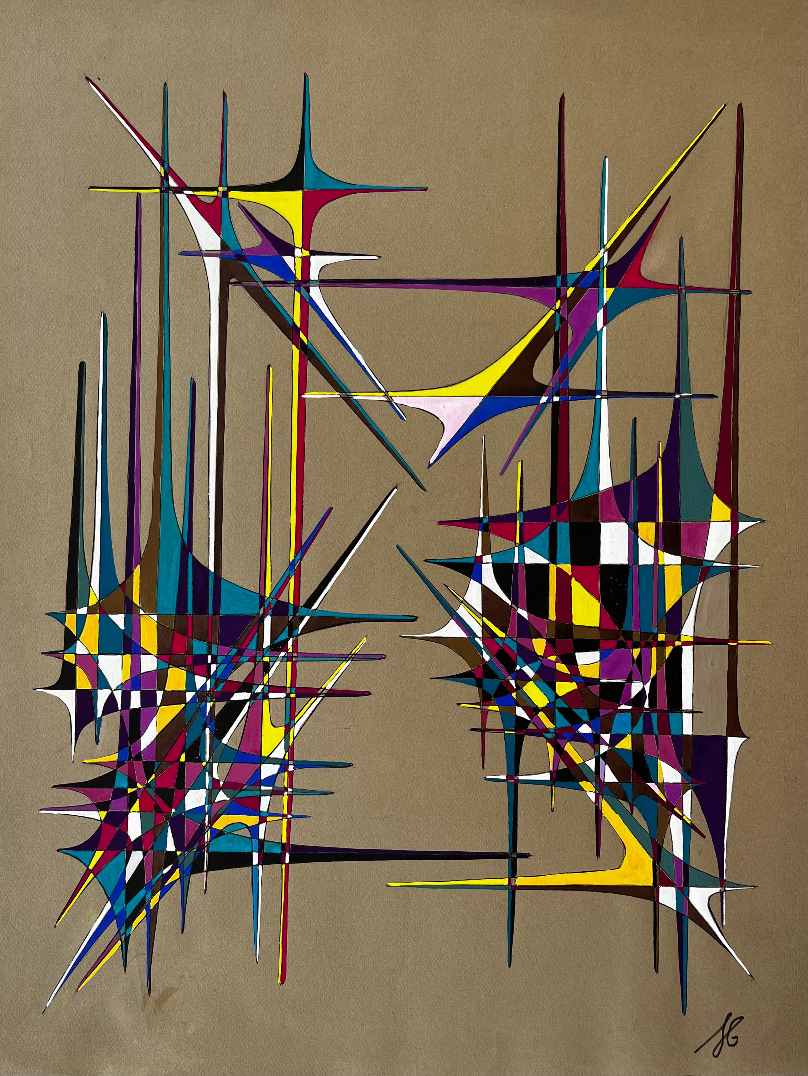 Mid Century French Geometric Abstract in Multicolour Ink and Gouache on Paper