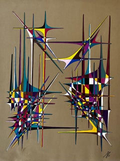 Mid Century French Geometric Abstract in Multicolour Ink and Gouache on Paper