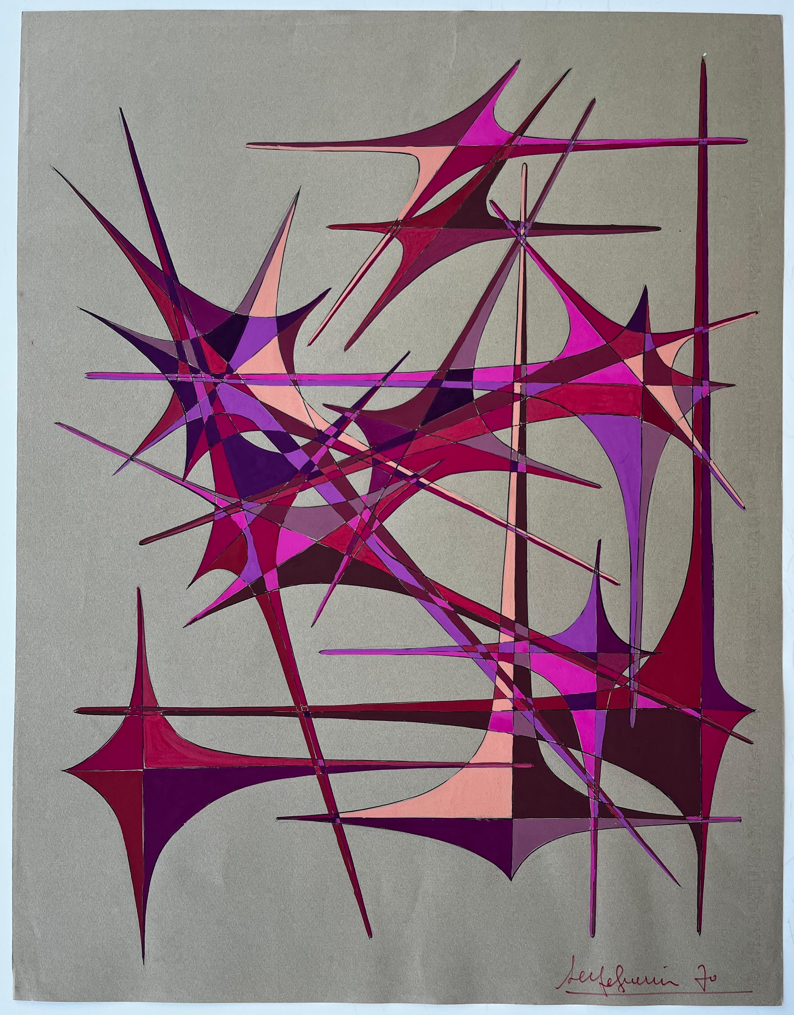 Französischer geometrischer Abstrakt aus der Mitte des Jahrhunderts in roter und violetter Gouache auf Papier – Painting von Serge Guerin (1916)