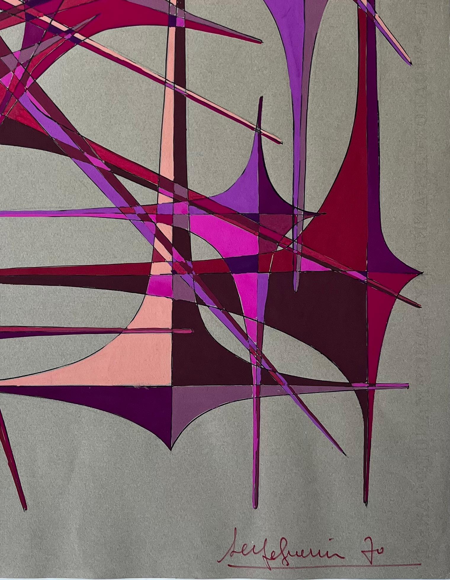 Französischer geometrischer Abstrakt aus der Mitte des Jahrhunderts in roter und violetter Gouache auf Papier (Geometrische Abstraktion), Painting, von Serge Guerin (1916)