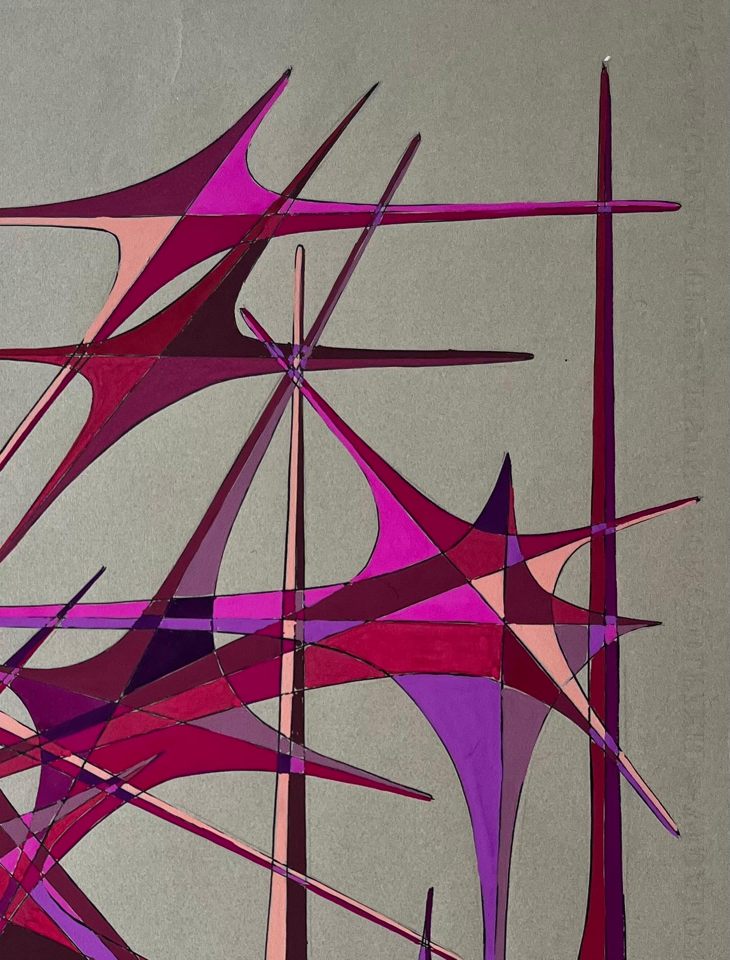 Französischer geometrischer Abstrakt aus der Mitte des Jahrhunderts in roter und violetter Gouache auf Papier (Violett), Abstract Painting, von Serge Guerin (1916)