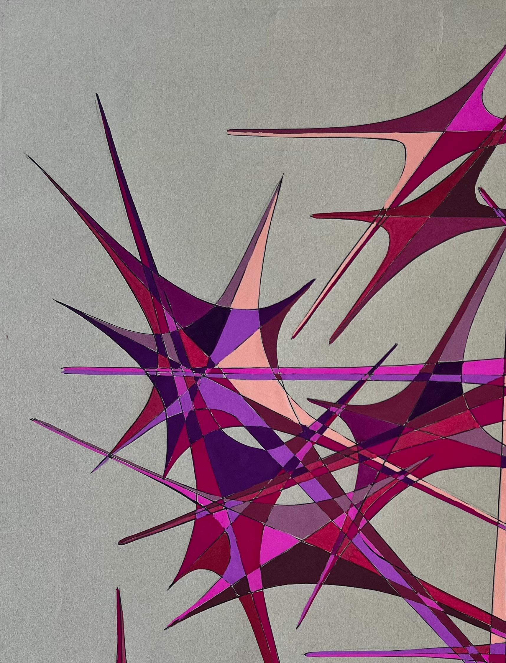 Titel: Französische geometrische Abstraktion der Jahrhundertmitte in roter und violetter Gouache auf Papier
von Serge Guerin (geb. 1916), Franzose
signiert und datiert unten rechts 