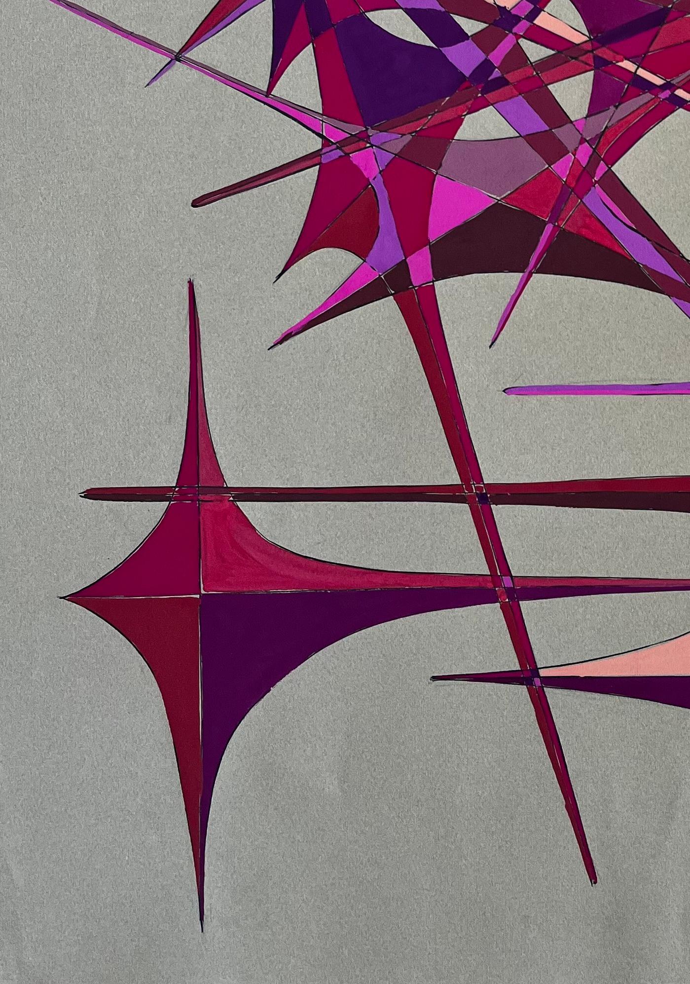 Französischer geometrischer Abstrakt aus der Mitte des Jahrhunderts in roter und violetter Gouache auf Papier im Angebot 1