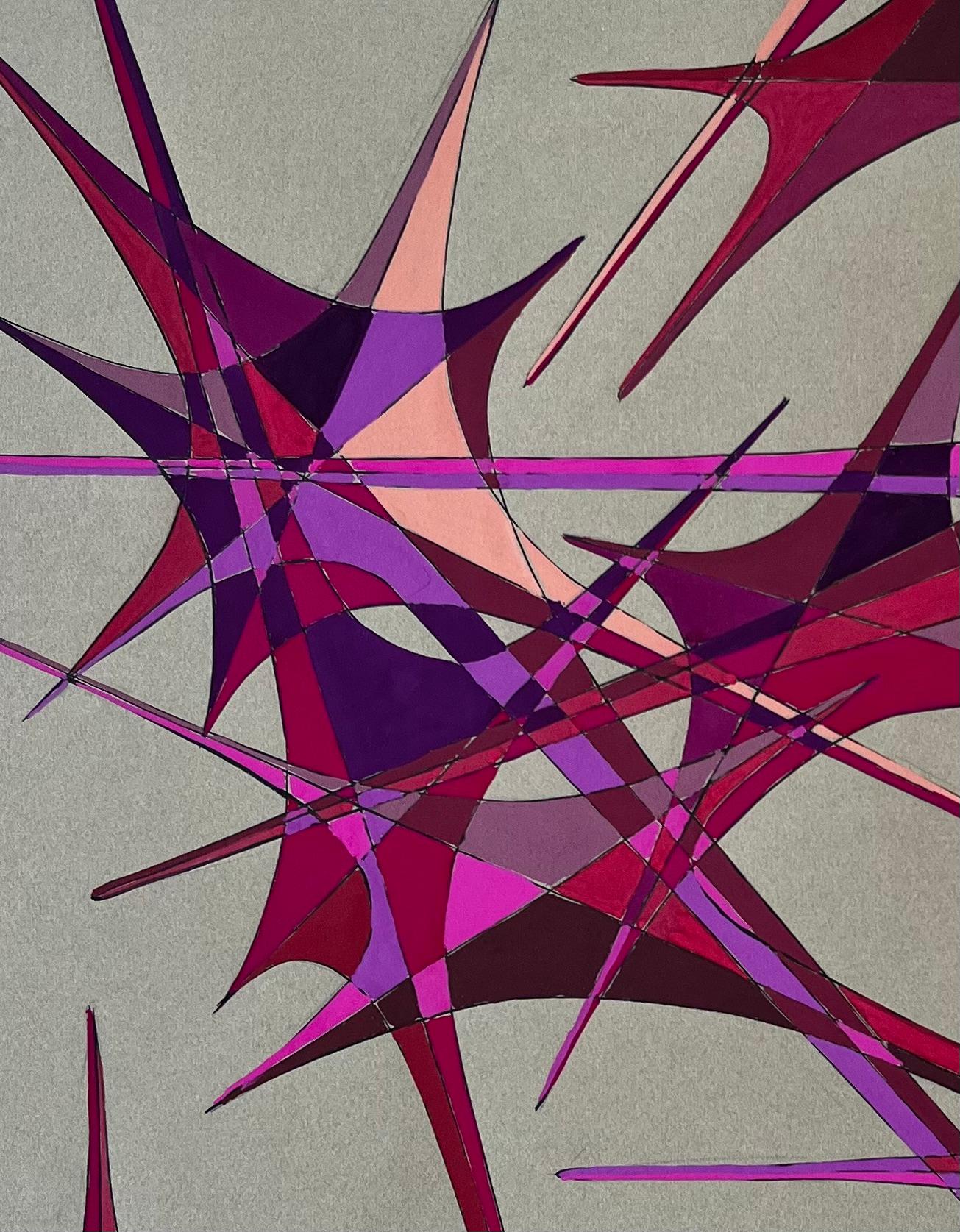 Französischer geometrischer Abstrakt aus der Mitte des Jahrhunderts in roter und violetter Gouache auf Papier im Angebot 2