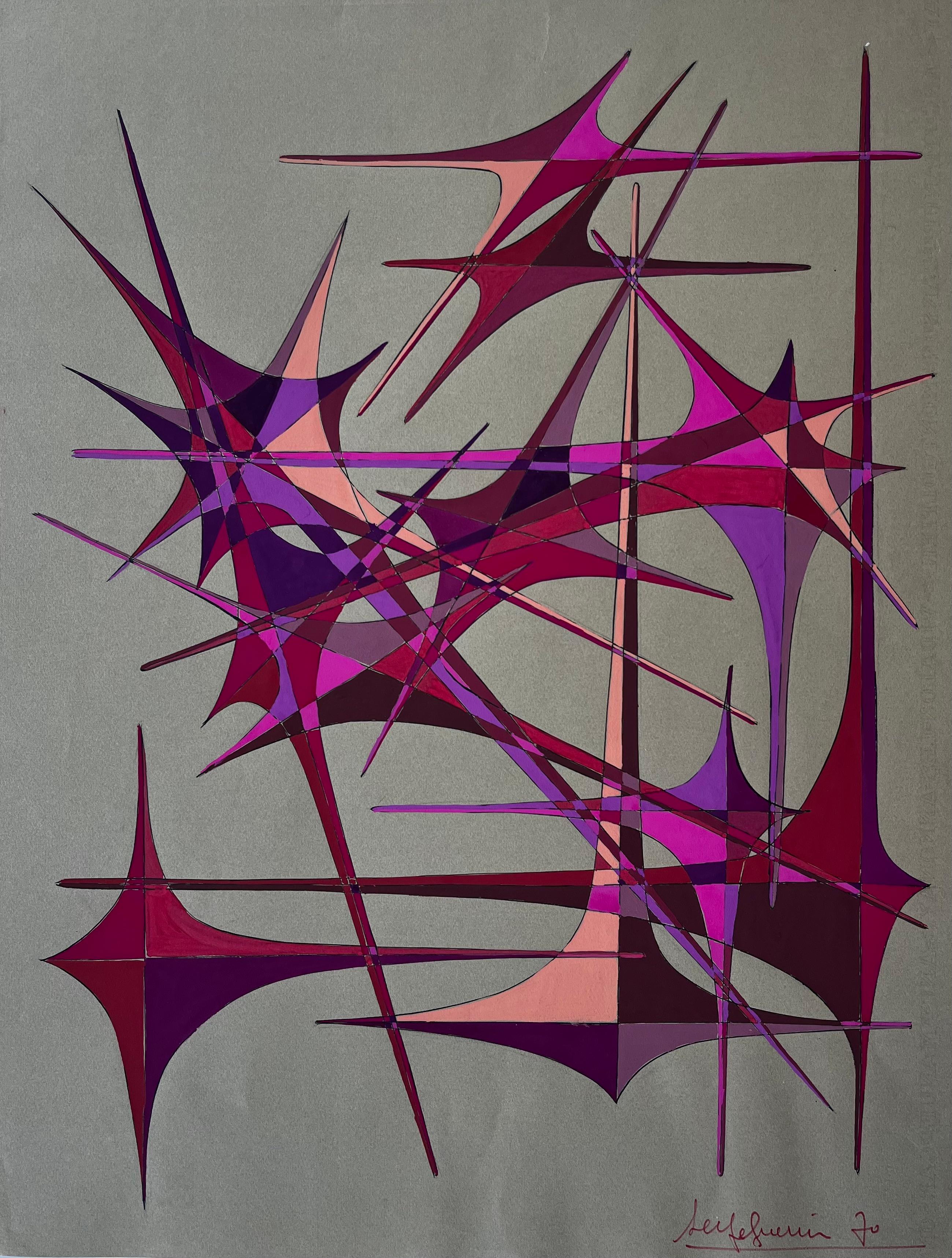 Mid Century French Geometric Abstract in Red and Violet Gouache on Paper