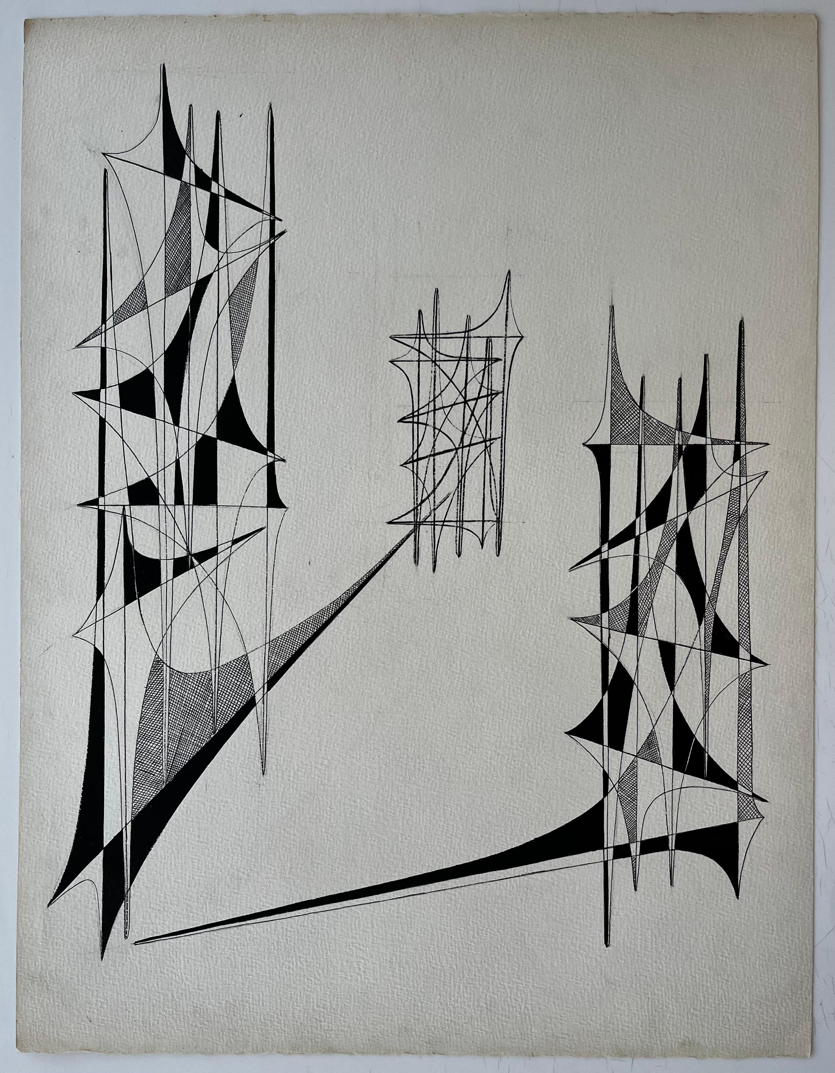 Mid Century French Geometric Abstract Ink Drawing on Paper - Painting by Serge Guerin (1916)